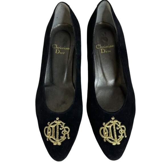 Vintage Dior Pump Wedge Heel Embroidered Logo Gold Black US 4.5 EU 35 Velvet - Picture 1 of 14